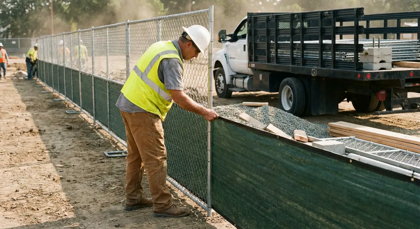 Privacy windscreen installation on construction fence in North Bergen, NJ